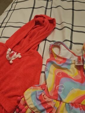 Betsey Johnson Kids Swim Rainbow Heart Ruffle Swimsuit with Red Cover-Up